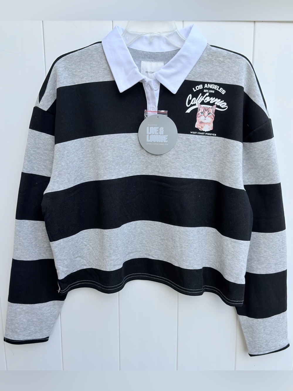 NWT No Comment Black & Gray Striped Rugby Polo Style Cropped Sweatshirt X-LARGE